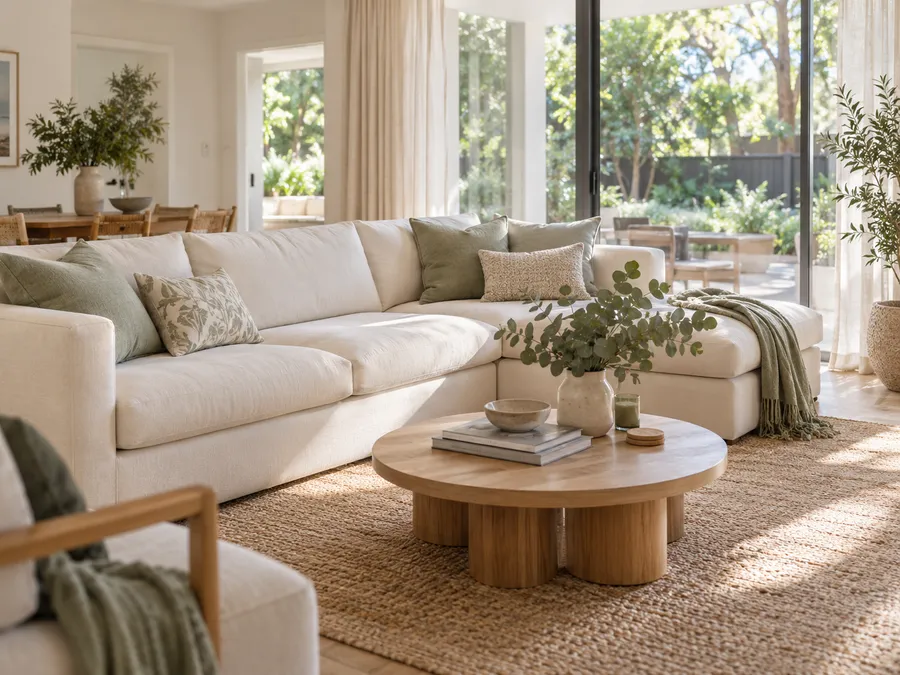 A sunlit living room with a cream sofa, soft green cushions and garden views